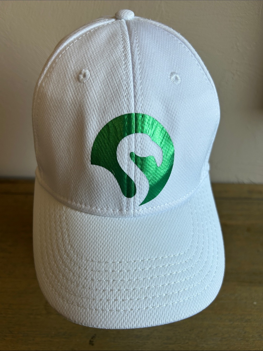 Otto Flex Fitted White Baseball Cap with Metallic Green Flamingo In Front. S-M.